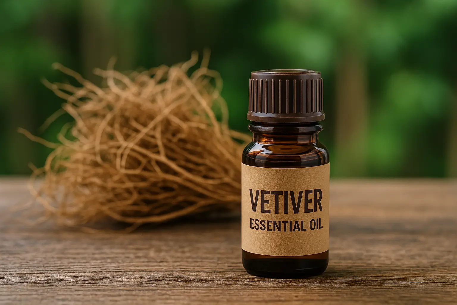 Flacon d’huile essentielle de vetiver avec racines en arrière-plan
