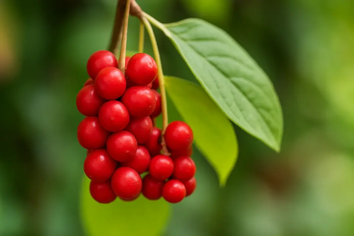Feuillage et grappes de schisandra : gros plan naturel Feuilles vertes et grappes de schisandra dans leur environnement naturel