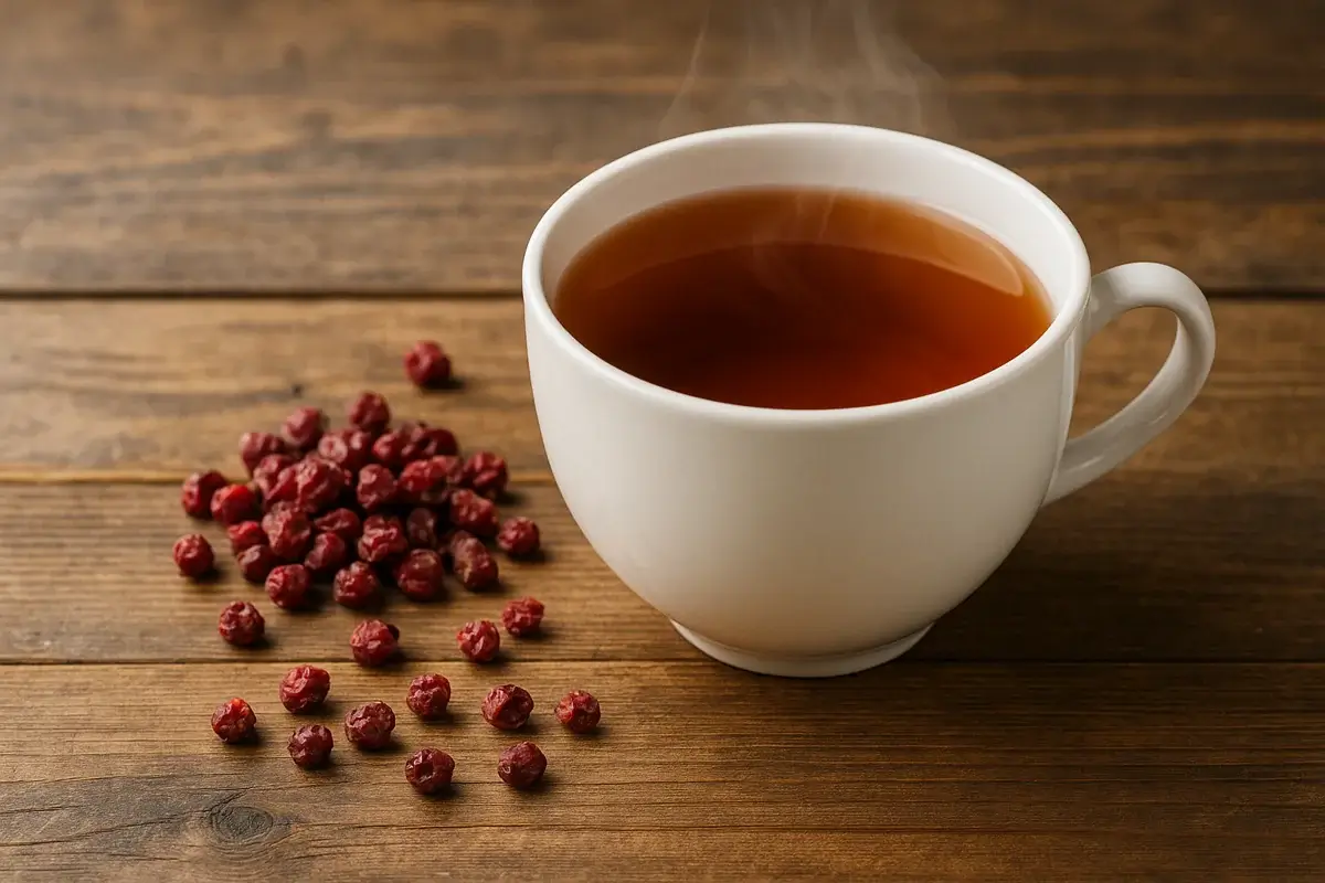 Infusion de schisandra : tasse fumante et baies séchées Tasse d’infusion de schisandra sur table en bois avec baies séchées dispersées autour