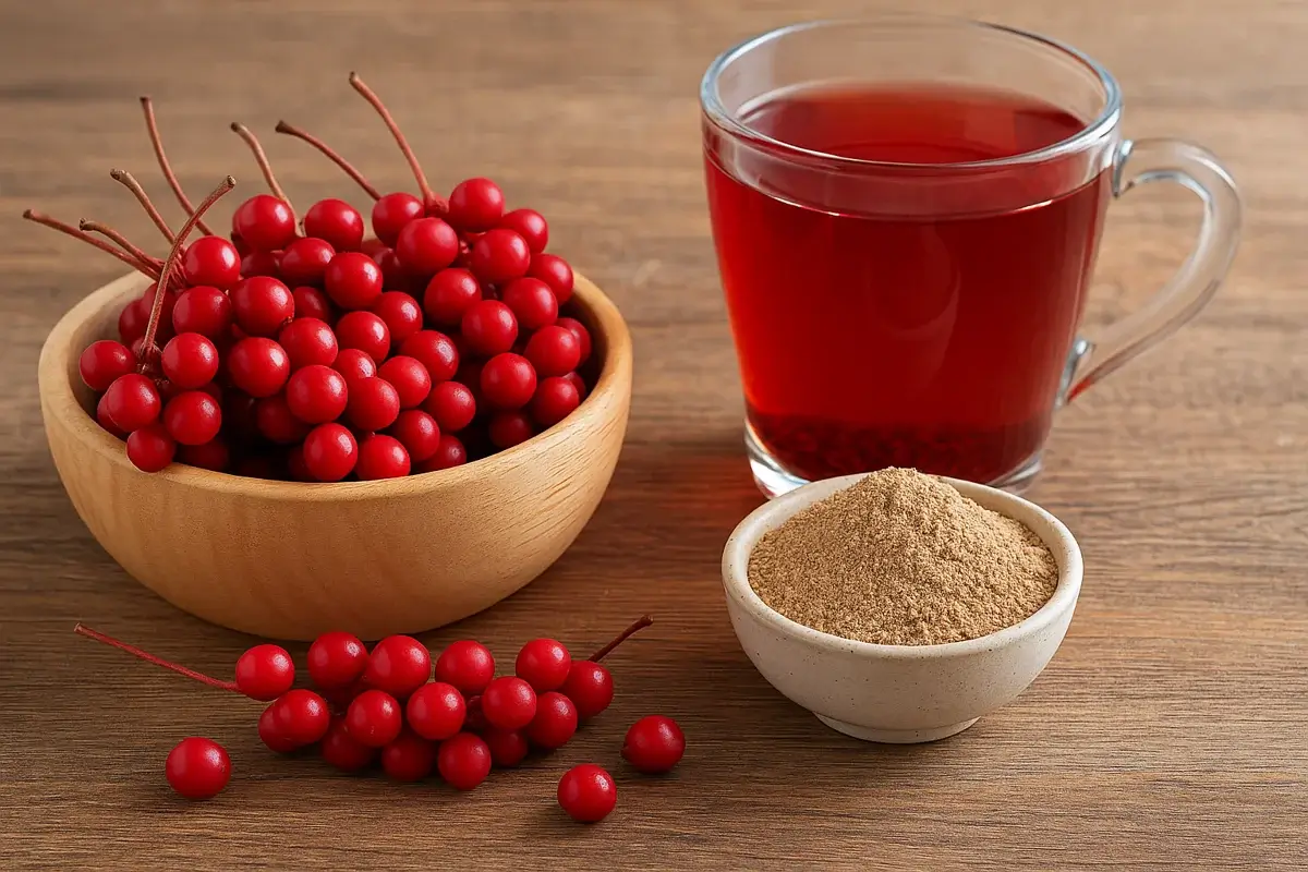 Baies, poudre et tisane de schisandra : trio d’usage Baies de schisandra, coupelle de poudre et mug de tisane rouge sur table en bois