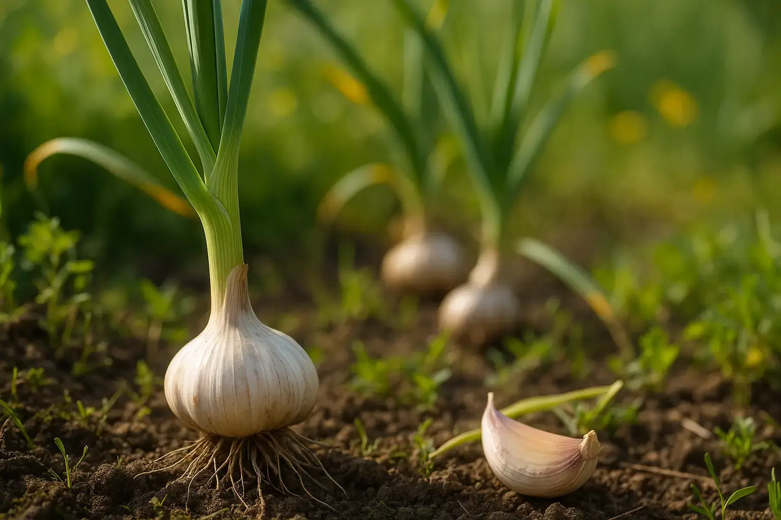 Ail (Allium sativum) – Condiment aux propriétés multiples ail dans son milieu naturel bulbes d’ail