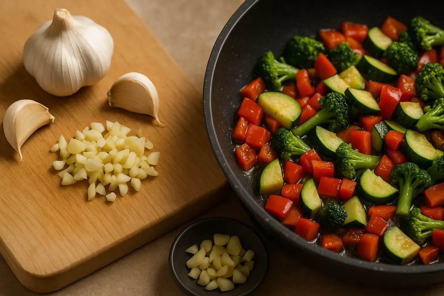 Ail émincé prêt à être ajouté à une poêlée de légumes Ail émincé sur une planche en bois à côté d’une poêlée de légumes colorés en cuisson
