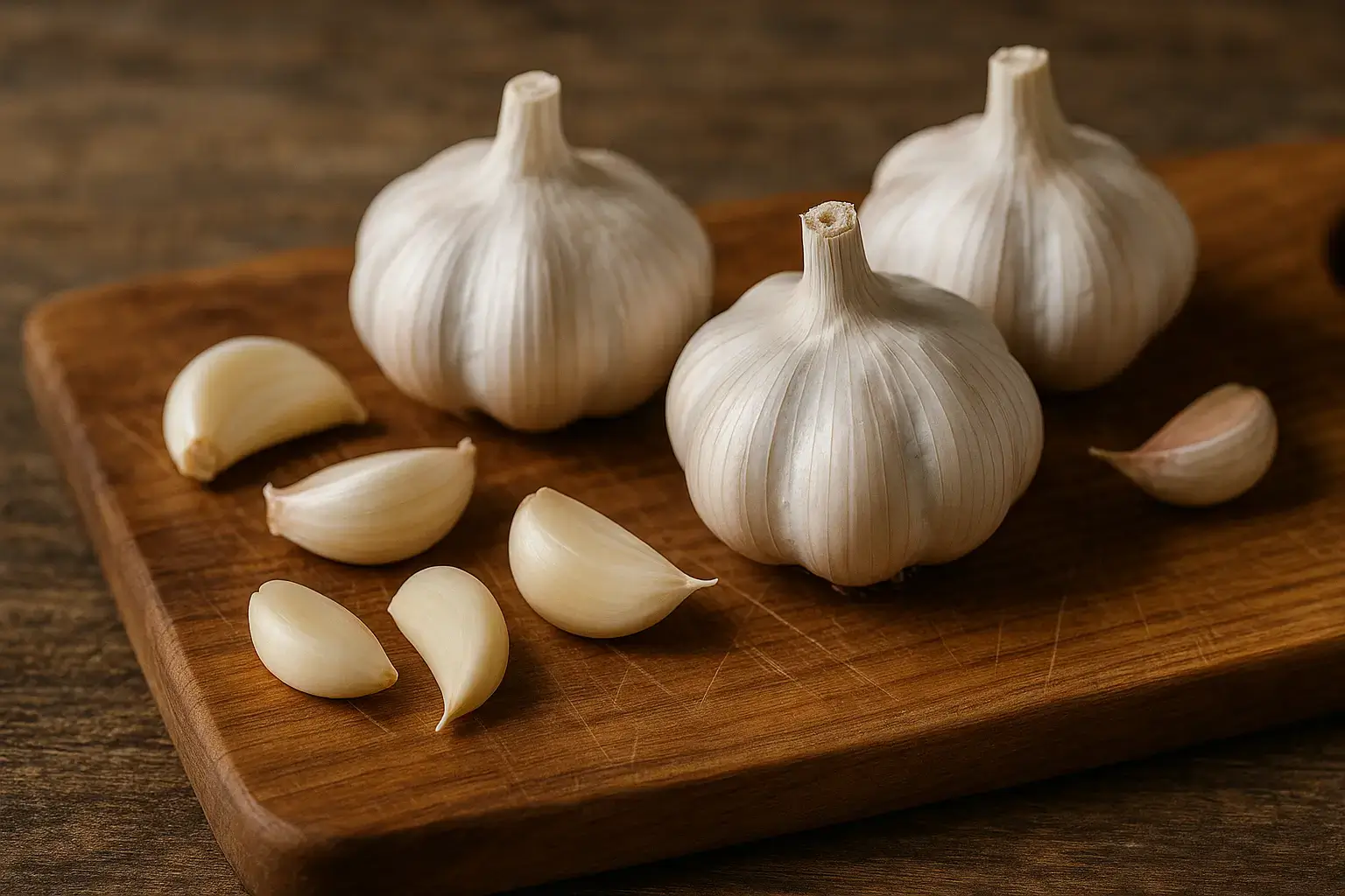 Bulbes et gousses d’ail frais sur planche en bois Bulbes d’ail entiers et gousses d’ail épluchées posés sur une planche en bois