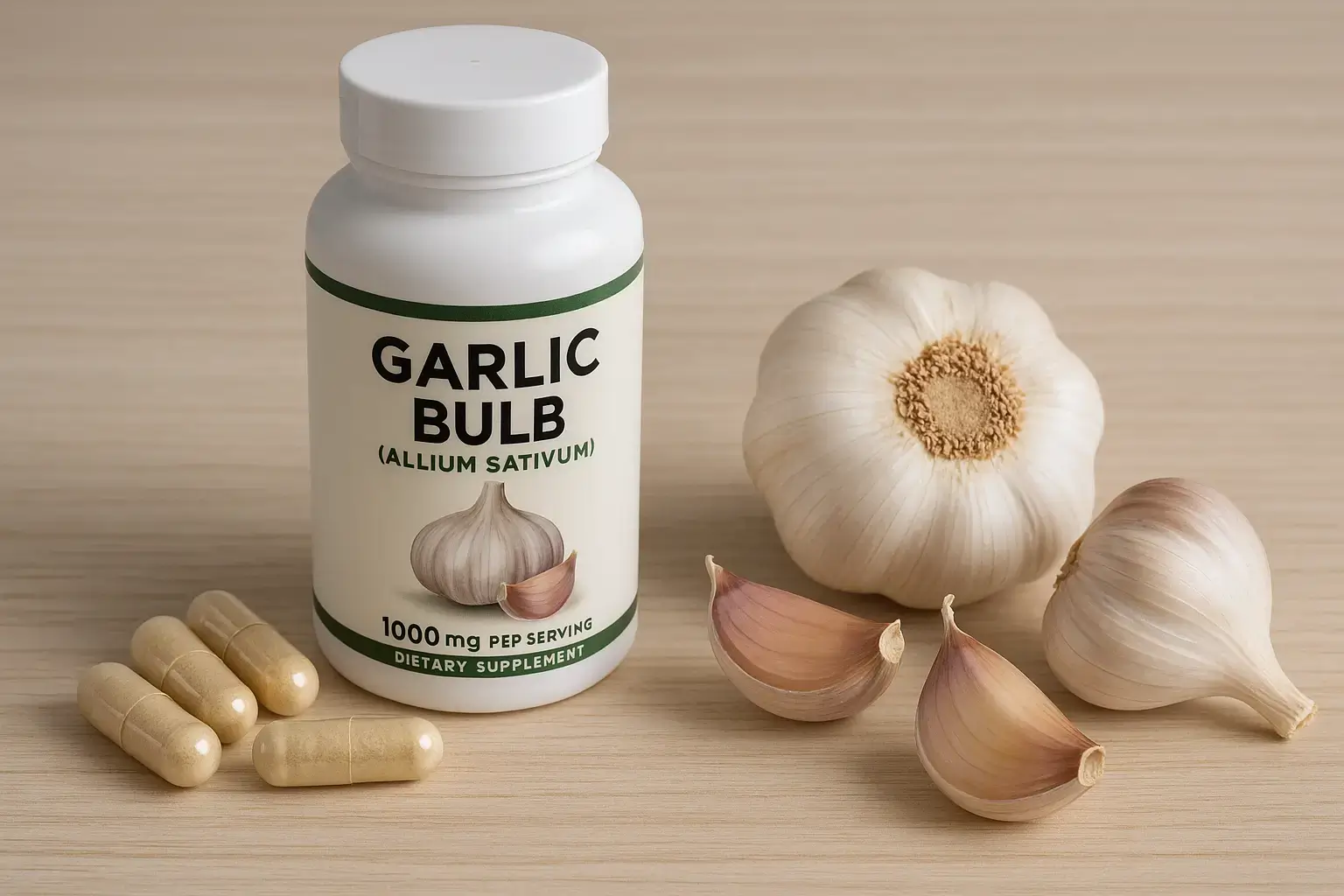 Complément alimentaire d’ail en gélules avec bulbes et gousses d’ail Flacon de complément alimentaire à base d’ail en gélules posé avec des bulbes et gousses d’ail frais
