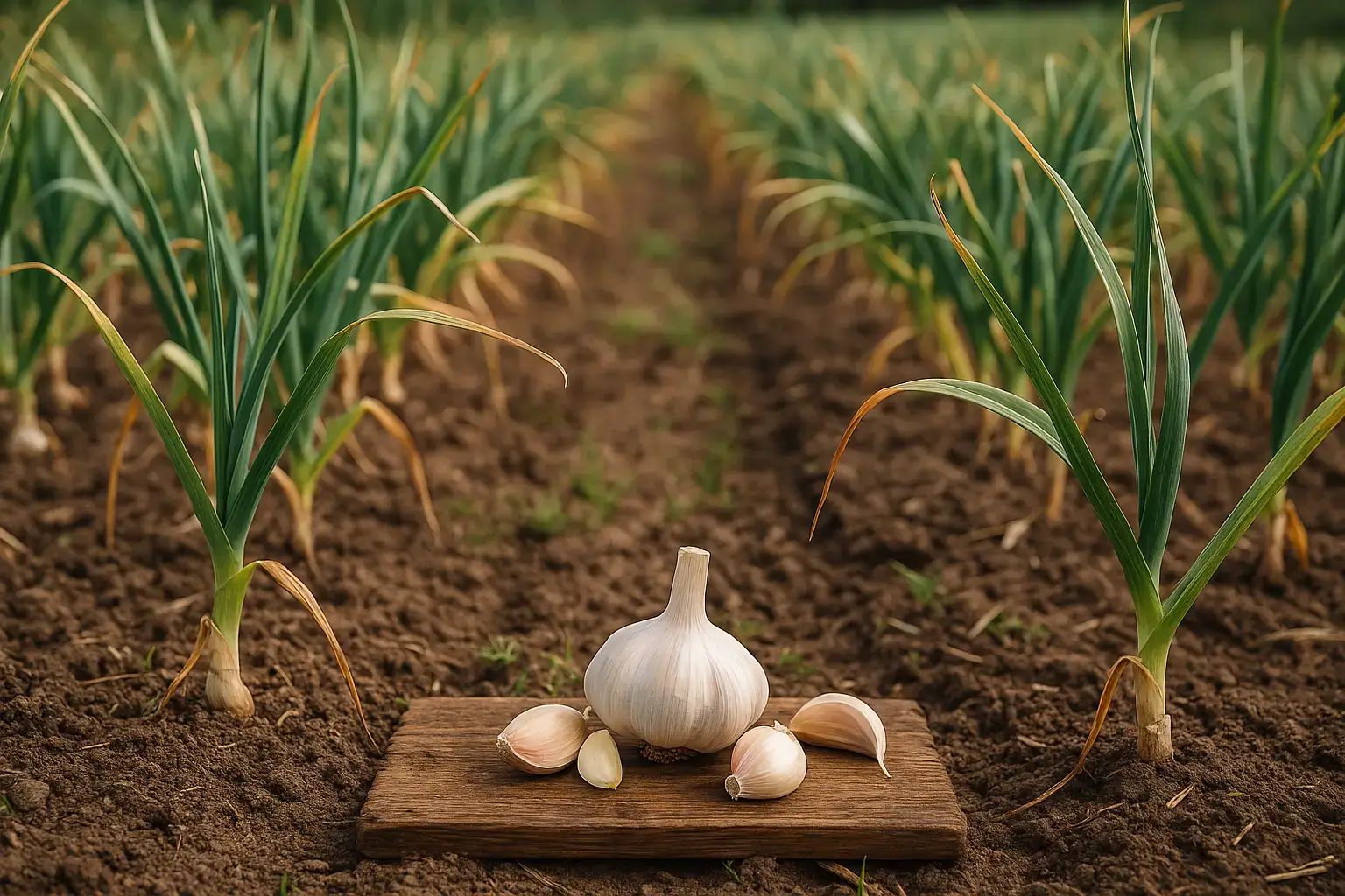 Culture d’ail en rangs dans un champ agricole Champ d’ail cultivé en rangs avec un bulbe posé sur une planche en bois au premier plan