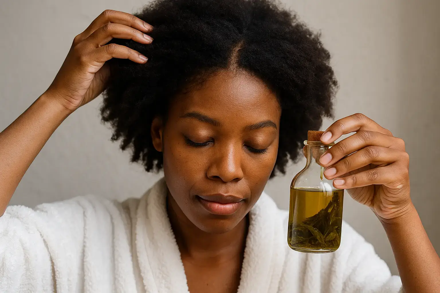 Application d’huile capillaire au daliblé sur cheveux crépus Femme noire aux cheveux crépus appliquant une huile capillaire naturelle au daliblé sur son cuir chevelu