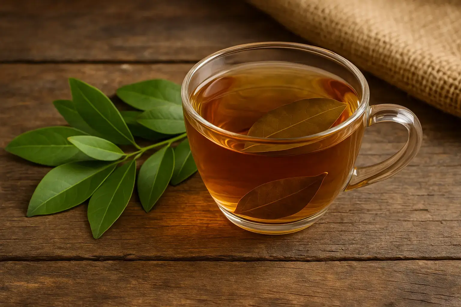 Tasse d’infusion chaude préparée avec des feuilles de bois d’inde Pimenta dioica