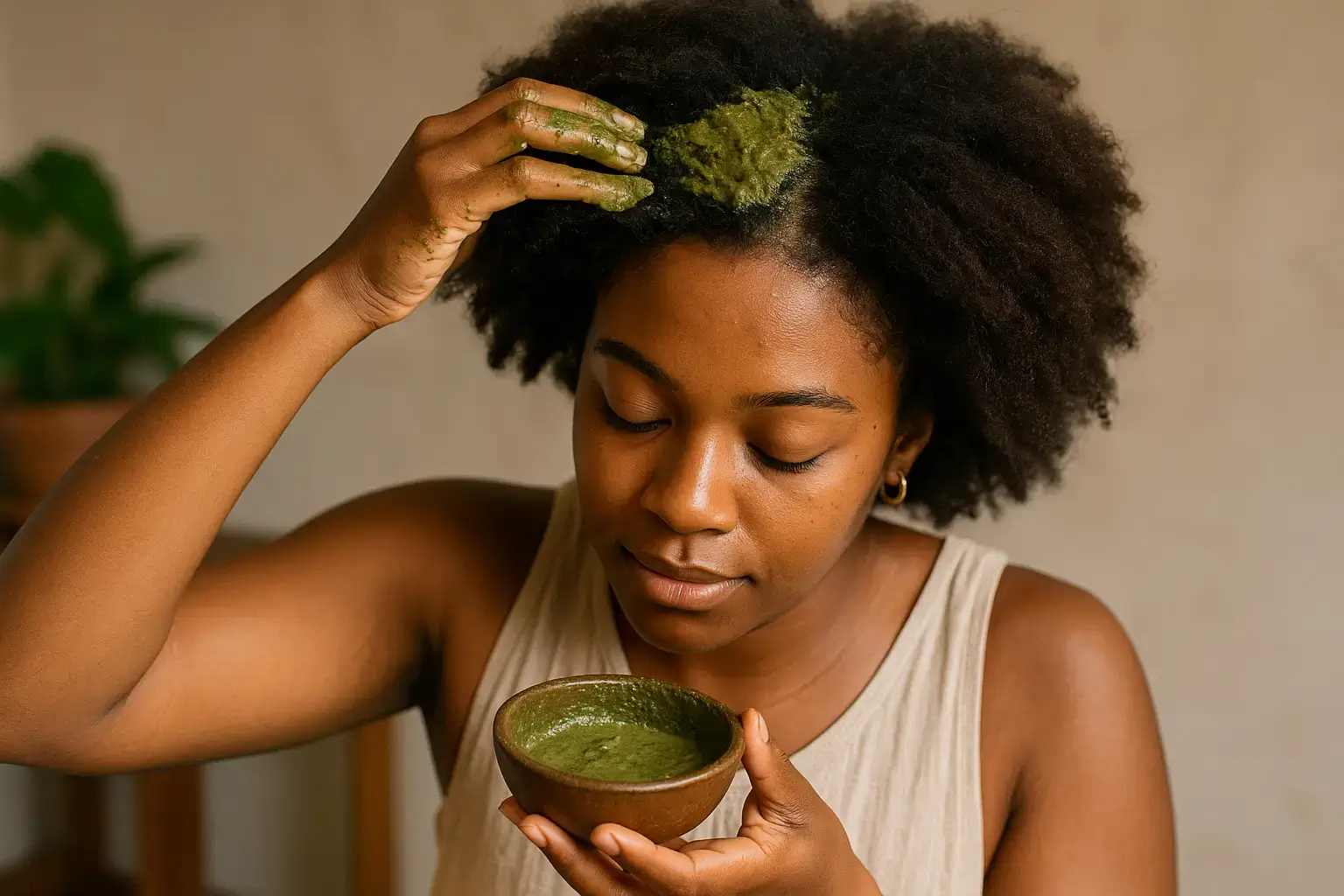Masque capillaire au daliblé sur cheveux crépus Jeune femme noire avec un masque capillaire vert naturel au daliblé sur ses cheveux crépus