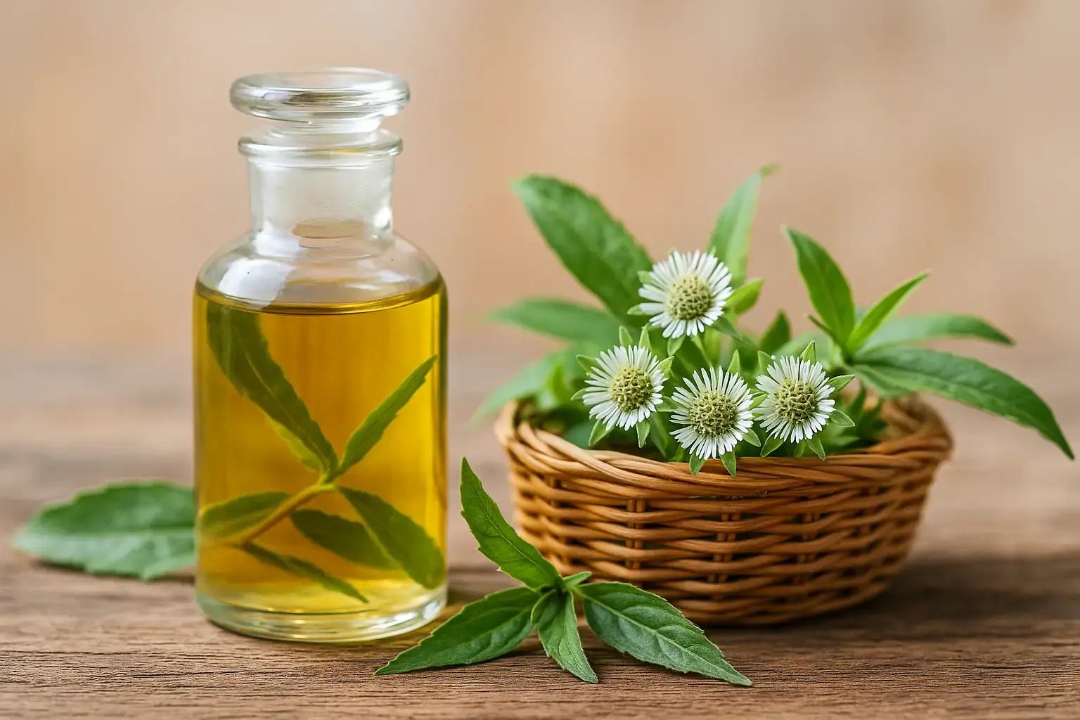 Préparations traditionnelles au daliblé : huile, poudre et feuilles Bol d’huile dorée au daliblé, poudre verte d’Eclipta prostrata et feuilles fraîches sur une table en bois