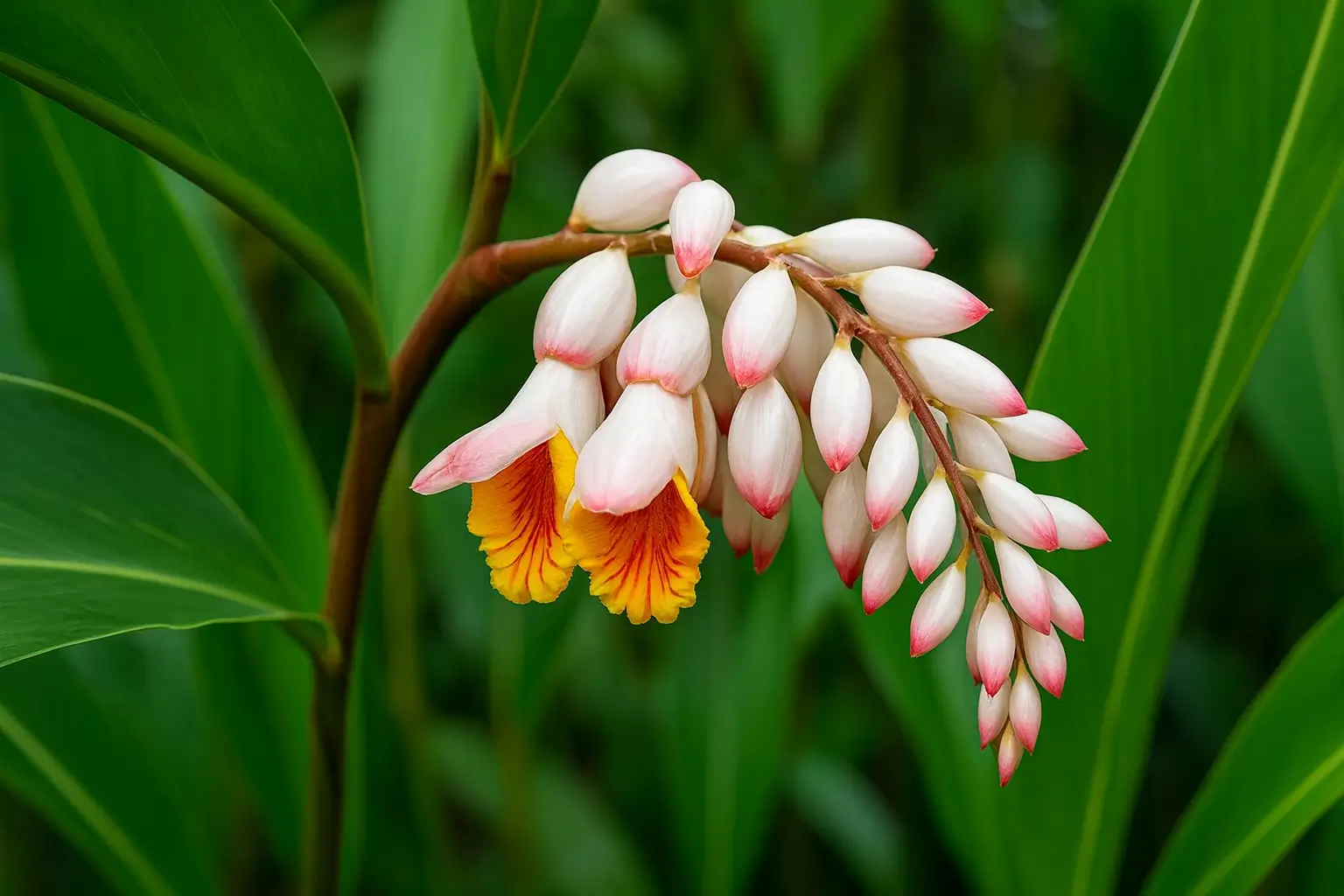 Fleur d’atoumo (Alpinia zerumbet), plante médicinale tropicale aux vertus traditionnelles en phytothérapie caribéenne, utilisée contre le rhume, la grippe et les affections respiratoires herbesensante