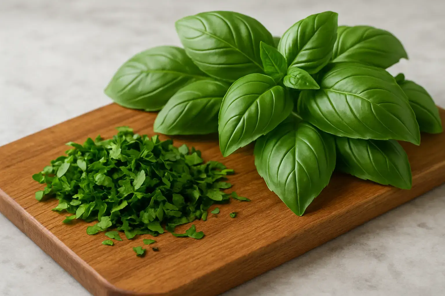 Feuilles de basilic frais et basilic haché disposés sur une planche en bois
