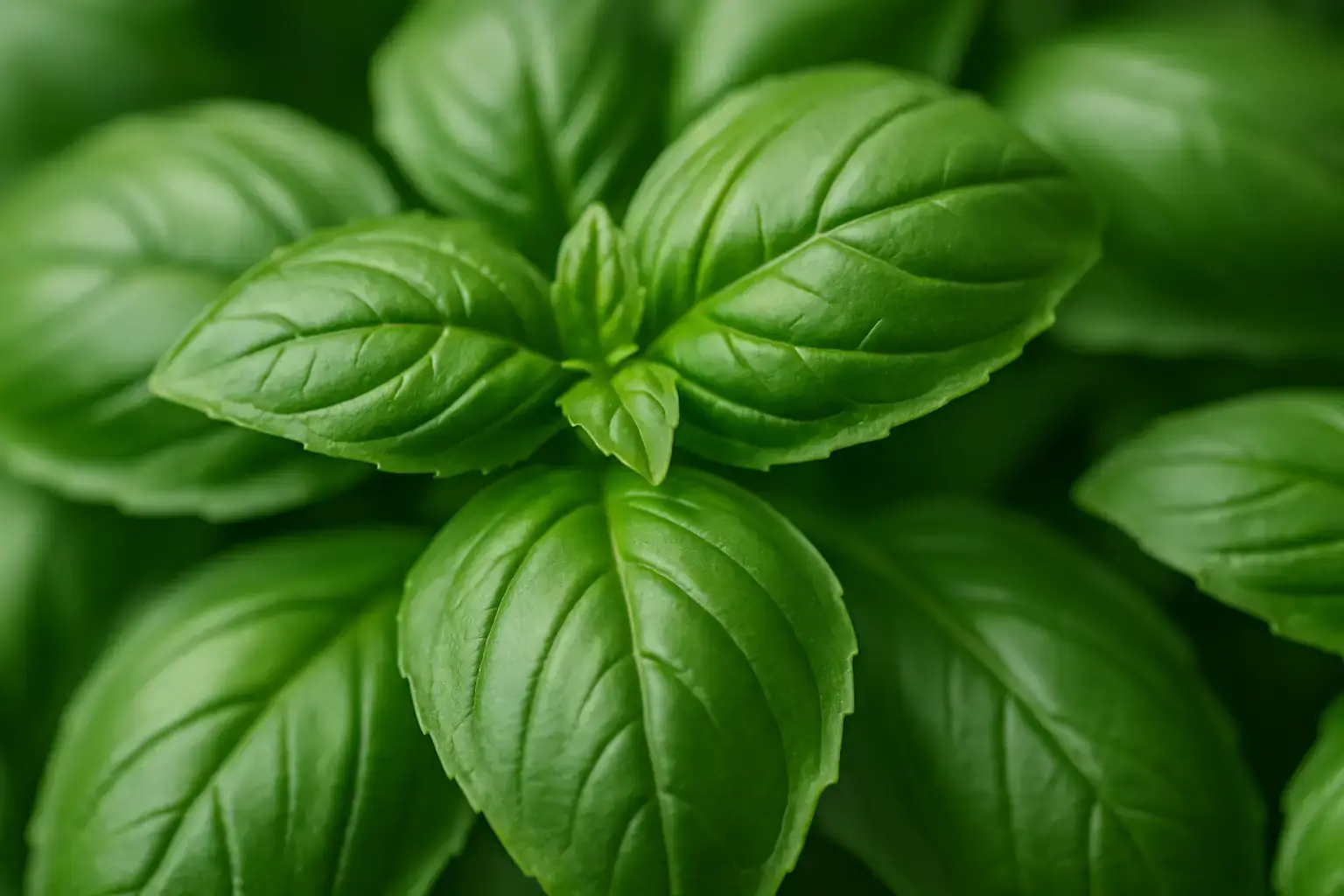 Gros plan sur les feuilles fraîches et brillantes du basilic (Ocimum basilicum)