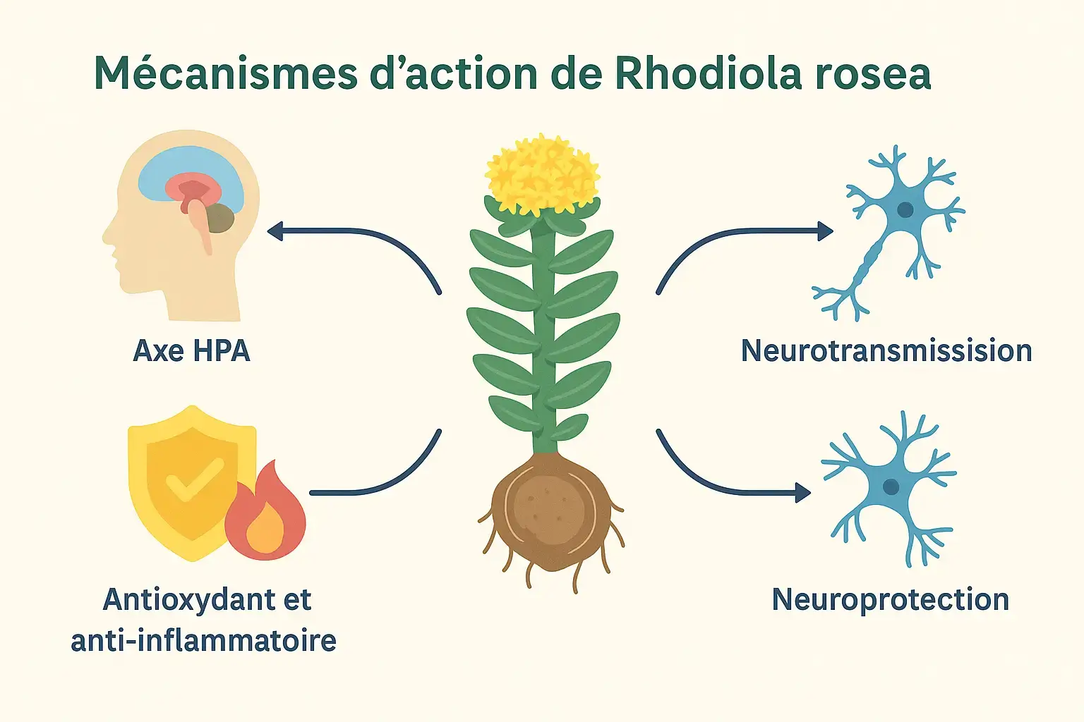 Axe HPA, neurotransmission, antioxydant, neuroprotection Schéma vulgarisé des mécanismes d’action de Rhodiola rosea