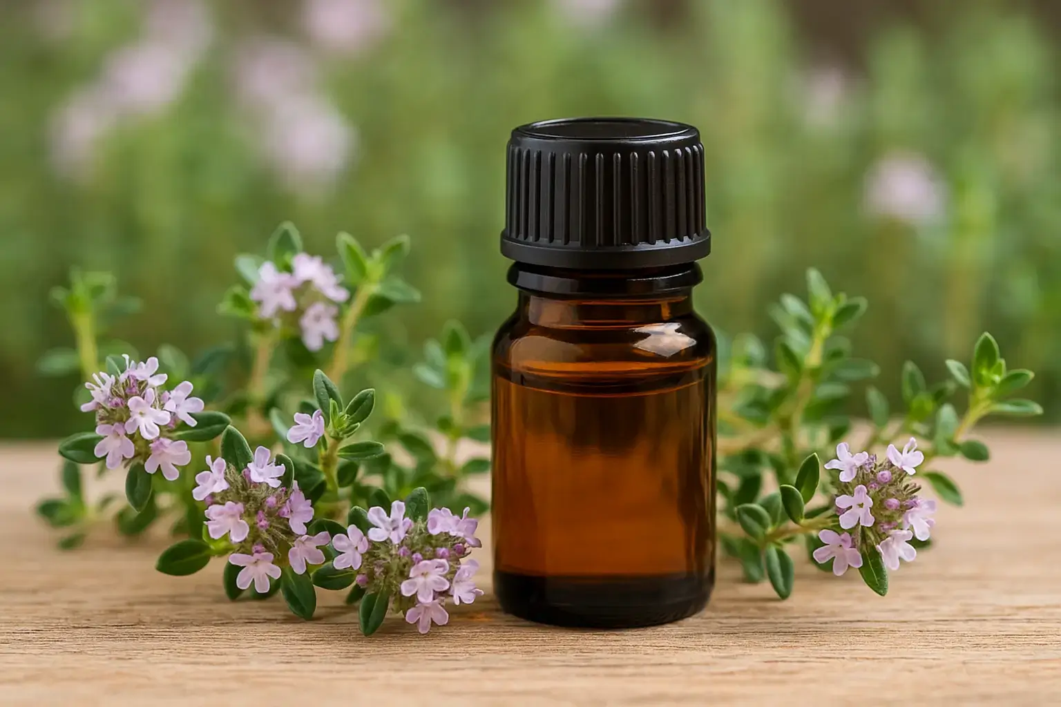 Huile essentielle de thym — chémotype à préciser sur l’étiquette Flacon d’huile essentielle de thym avec fleurs fraîches de Thymus vulgaris