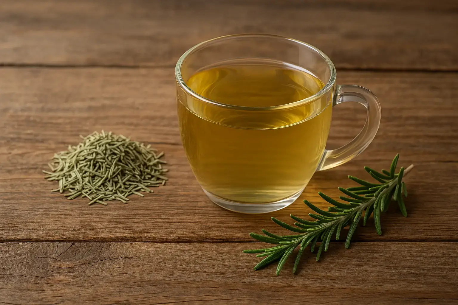 Tisane de romarin aux feuilles fraîches et séchées Tasse de tisane de romarin entourée de feuilles fraîches et séchées sur fond en bois