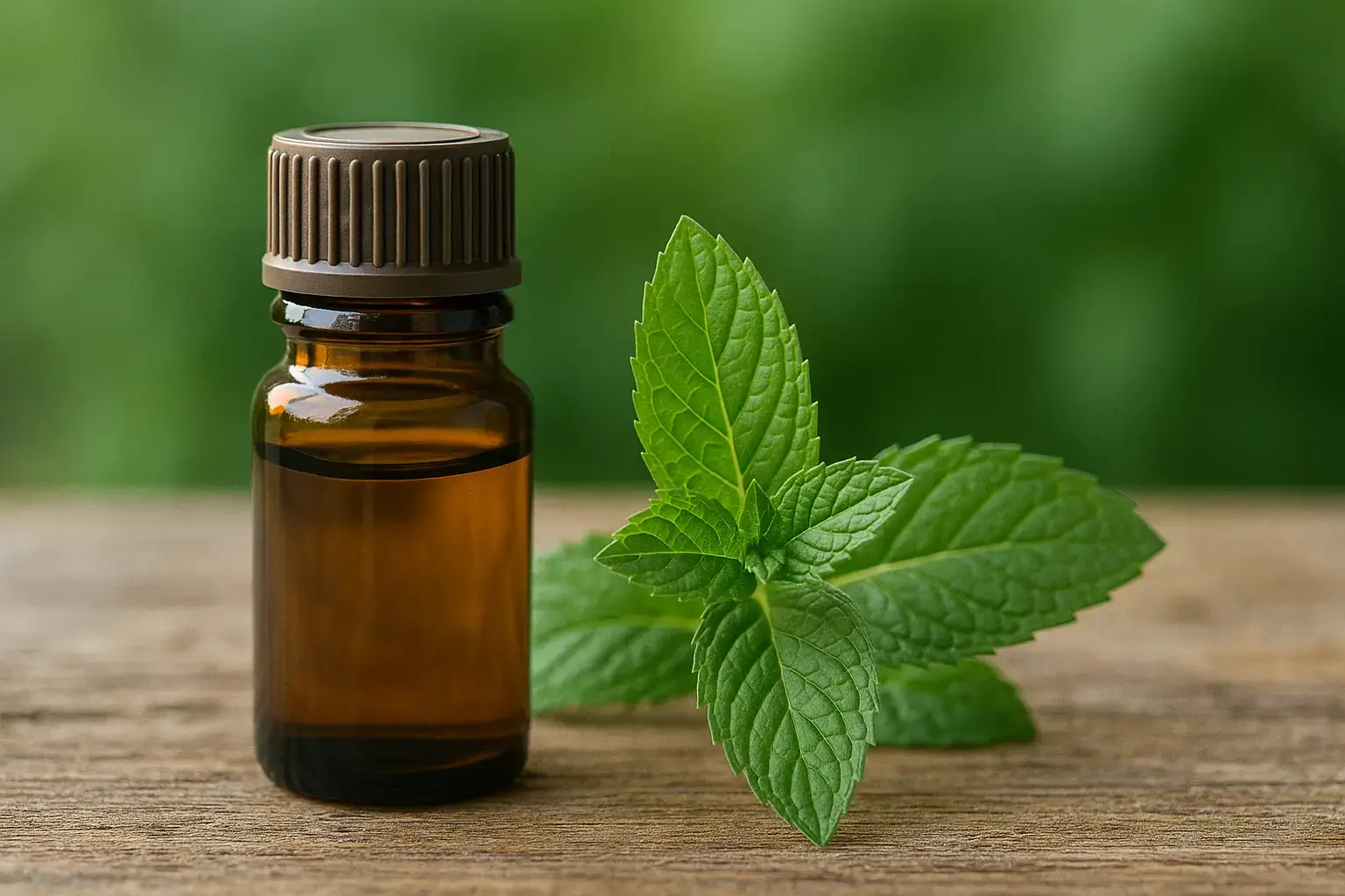 Flacon d’huile essentielle de menthe poivrée avec feuilles