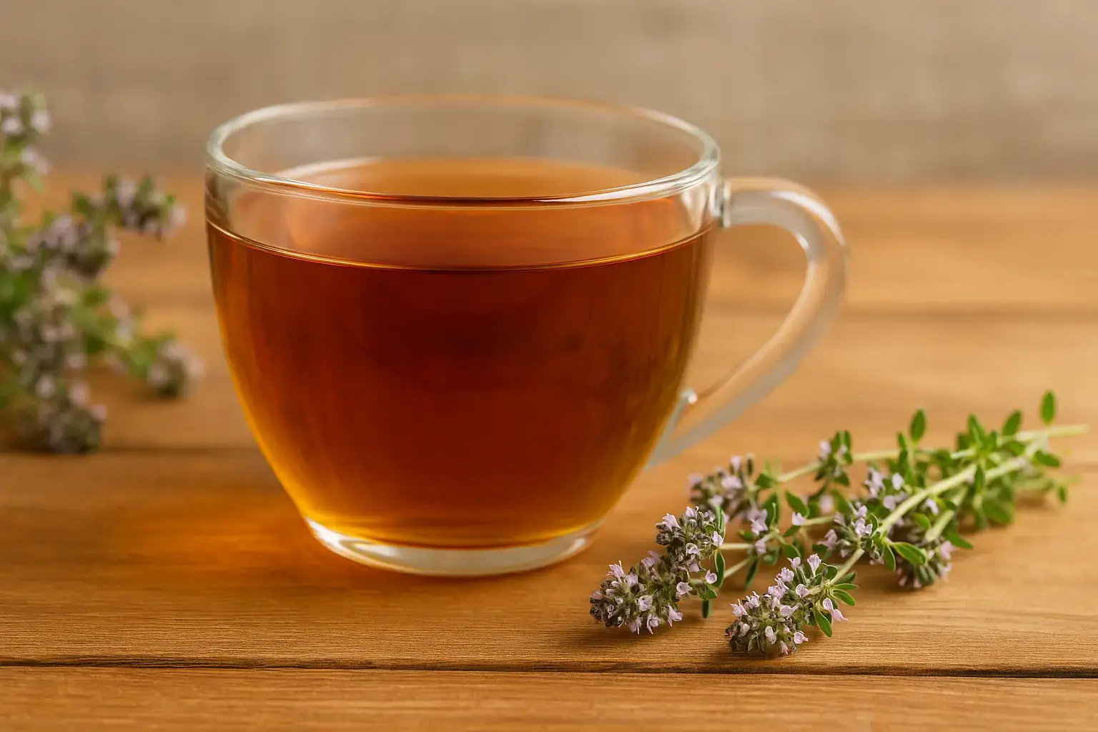 Infusion de thym — usage traditionnel pour la gorge et l’hiver Tisane de thymus vulgaris ambrée dans une tasse en verre