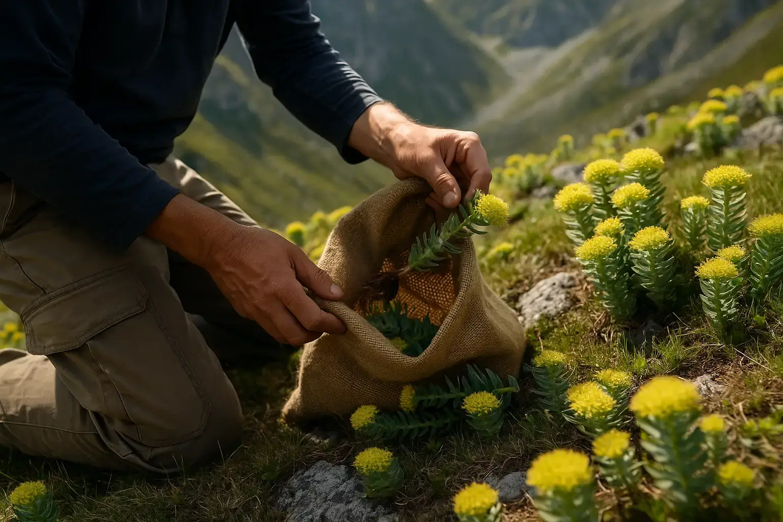 Récolte raisonnée de Rhodiola rosea en zone alpine Cueillette raisonnée de Rhodiola rosea en montagne