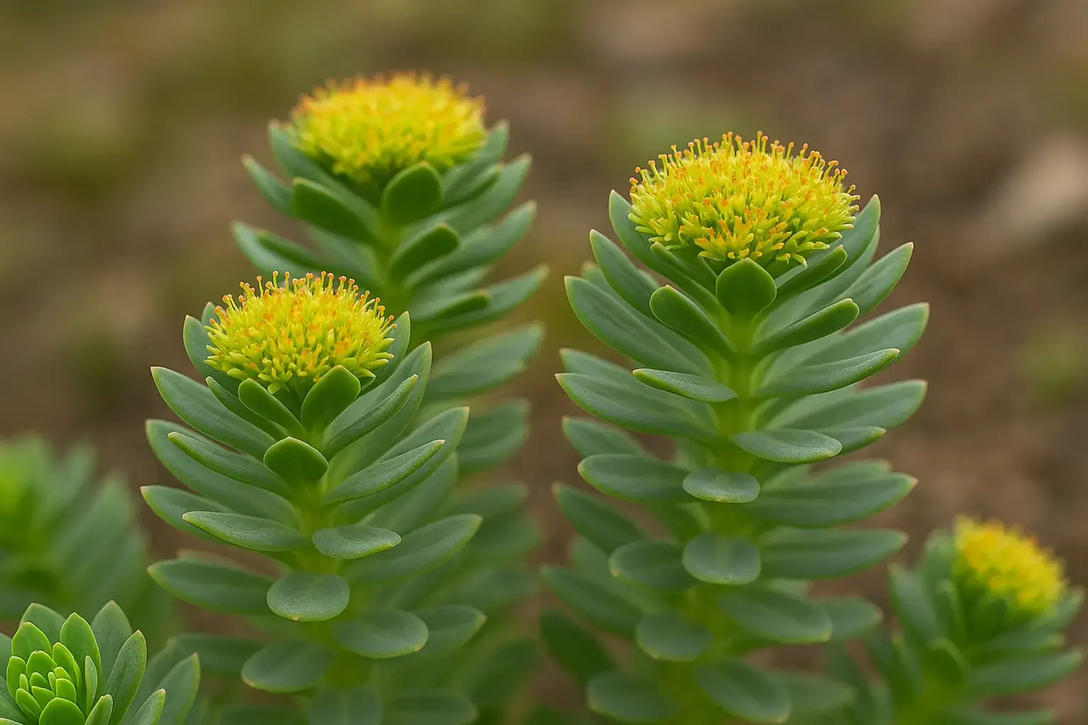 Rhodiola rosea dans son milieu naturel Rhodiola rosea dans son habitat alpin, tapis de fleurs jaune-vert