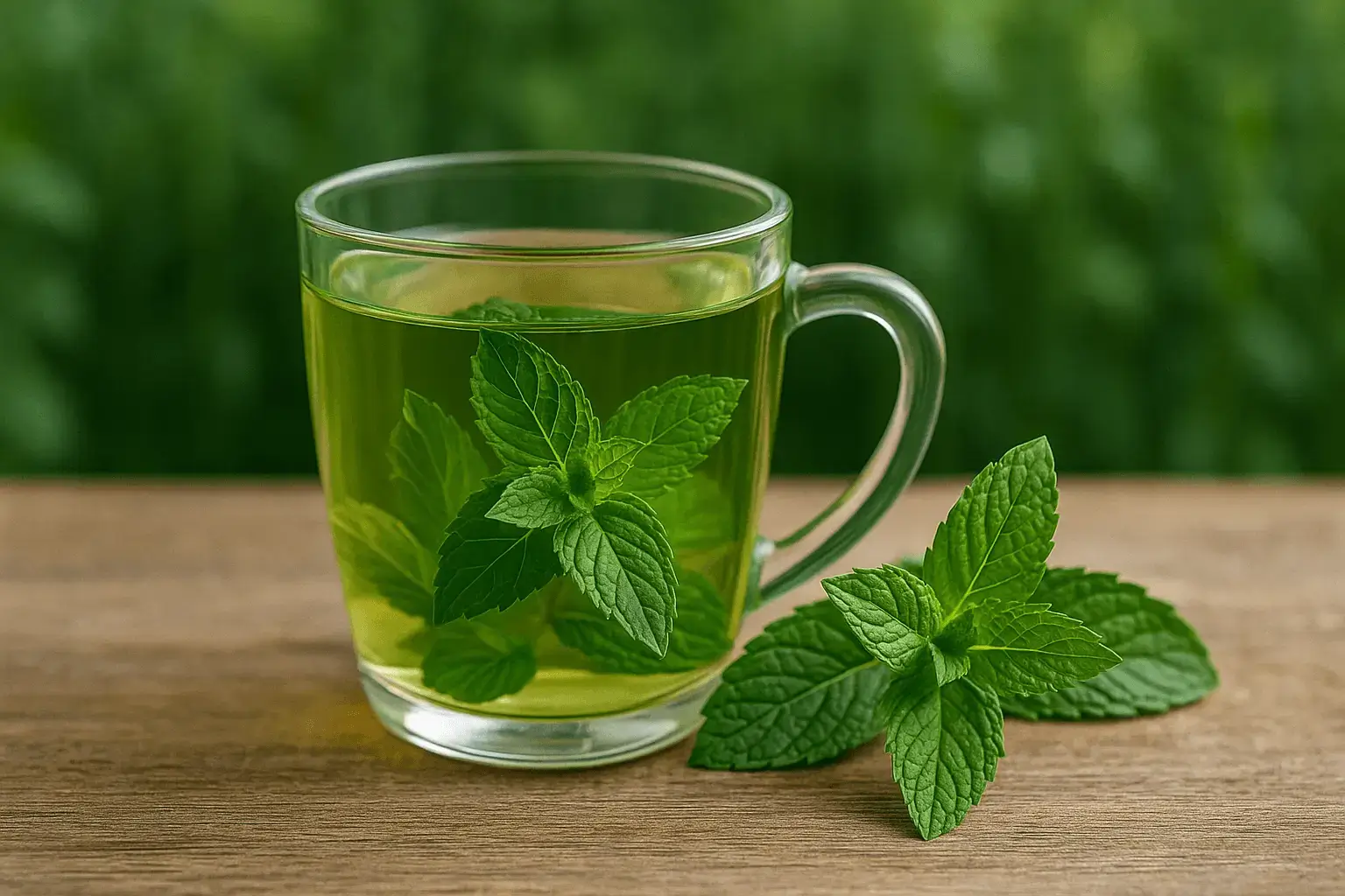 Tasse d’infusion de menthe poivrée sur table en bois