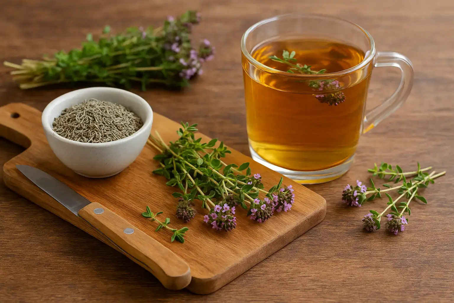 Préparation traditionnelle du thym — cuisine et tisane Préparation traditionnelle de thym : tisane et herbes sur planche en bois