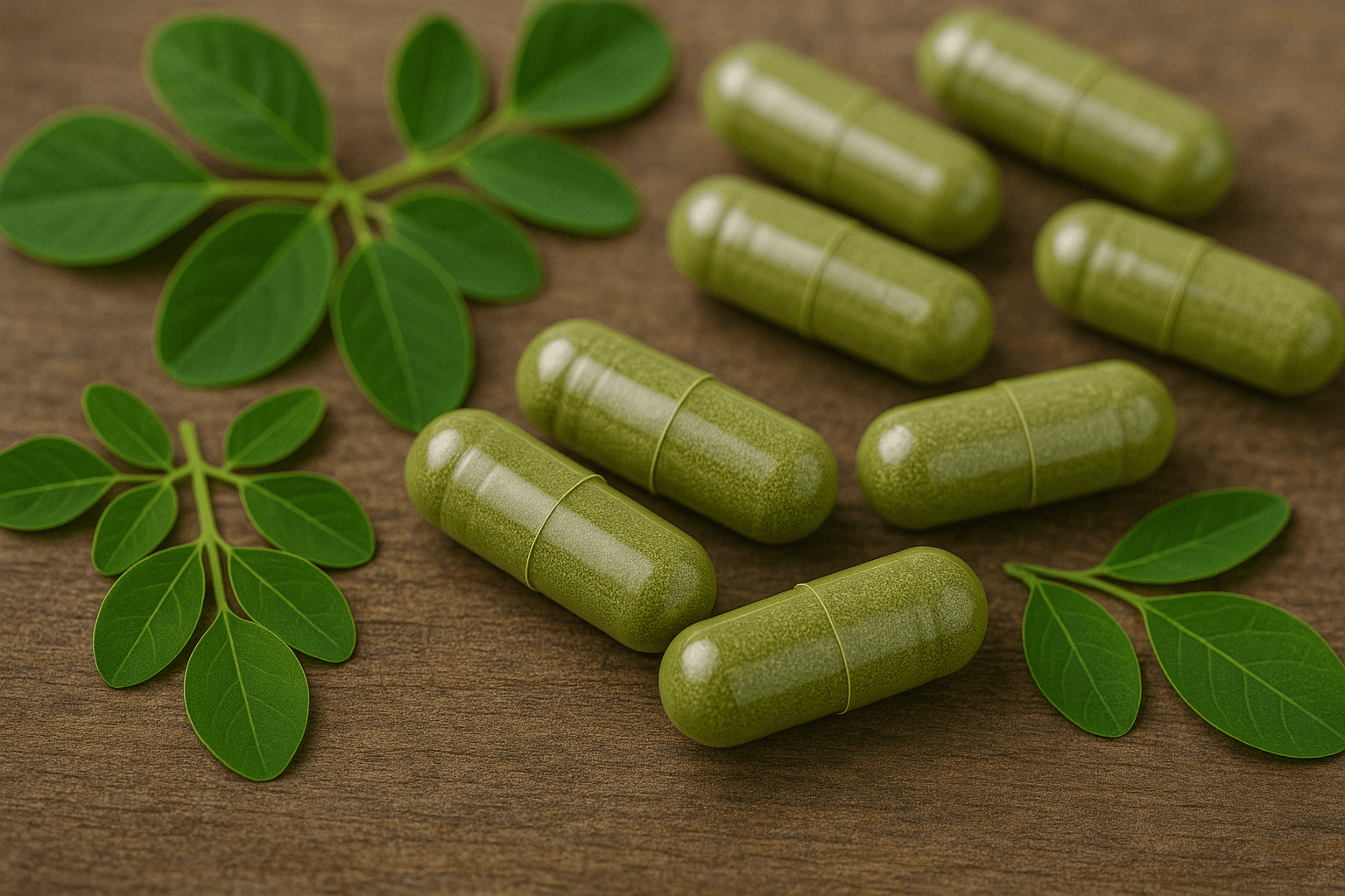 Gélules de moringa bio dans un bol en bois, complément naturel à base de Moringa oleifera