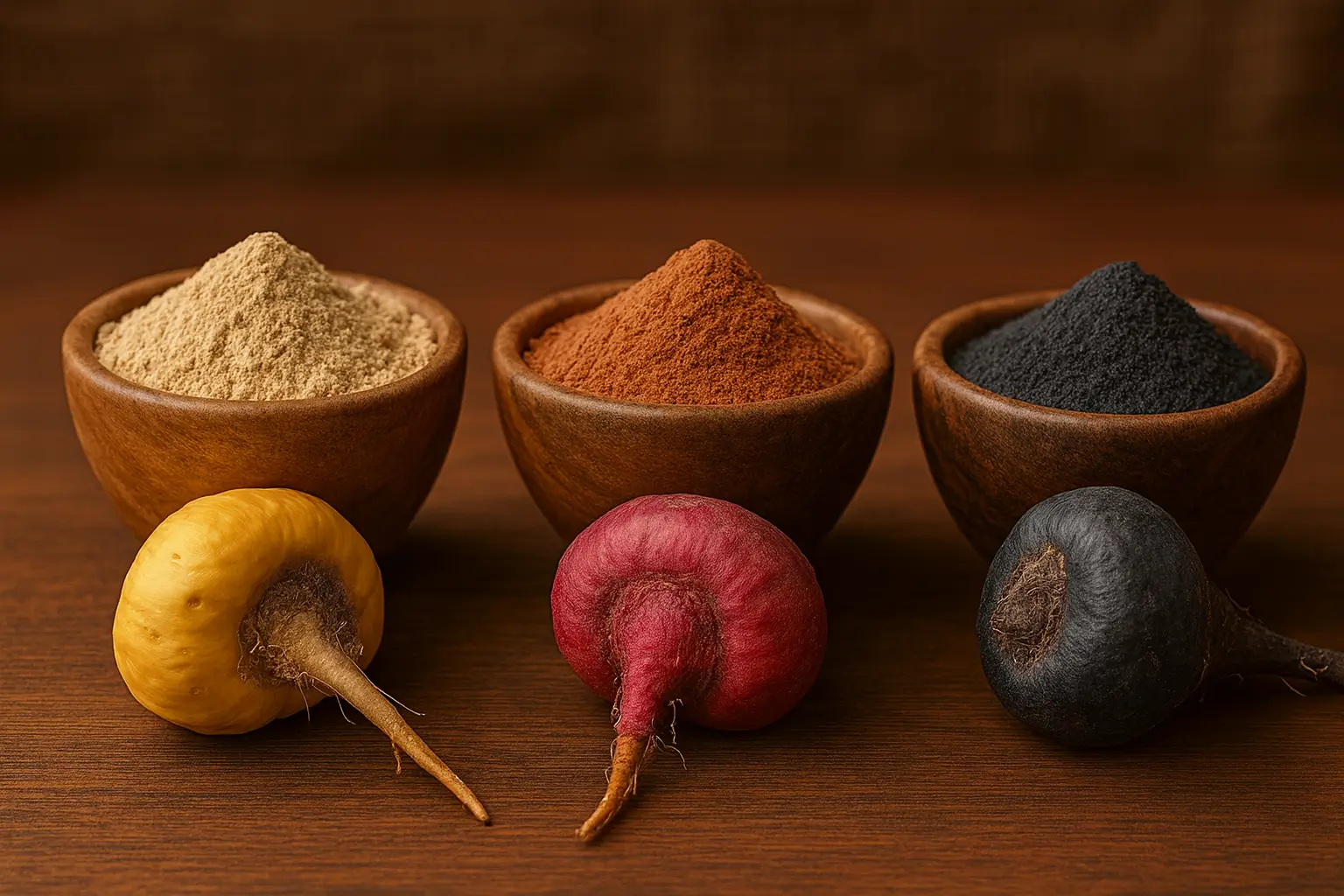 Maca jaune, rouge et noire : racines et poudres andines Poudres de maca jaune rouge et noire dans des bols en bois avec les racines correspondantes