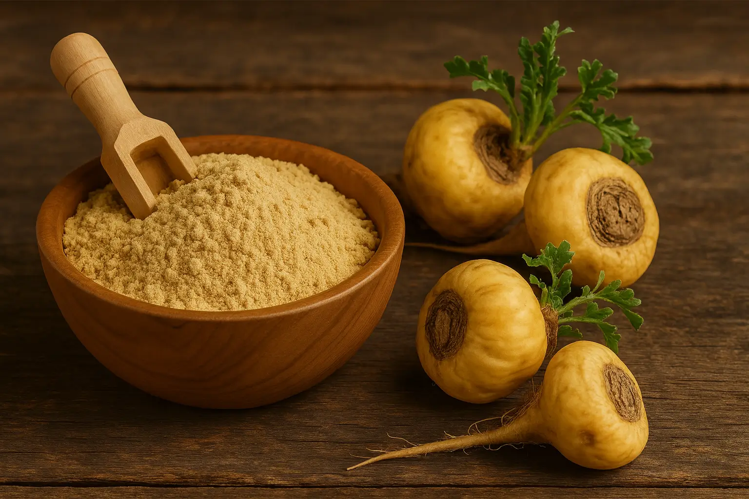 Poudre de maca andine avec racines fraîches Bol de poudre de maca avec racines jaunes fraîches sur une table en bois