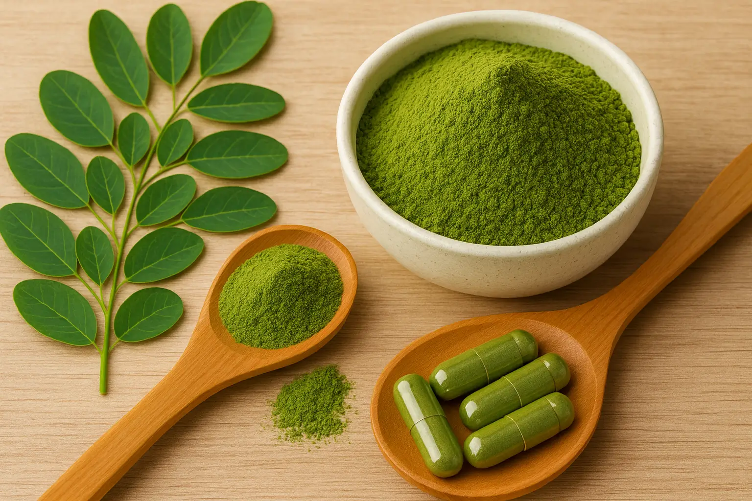 Feuilles de moringa avec poudre et gélules dans des cuillères en bois