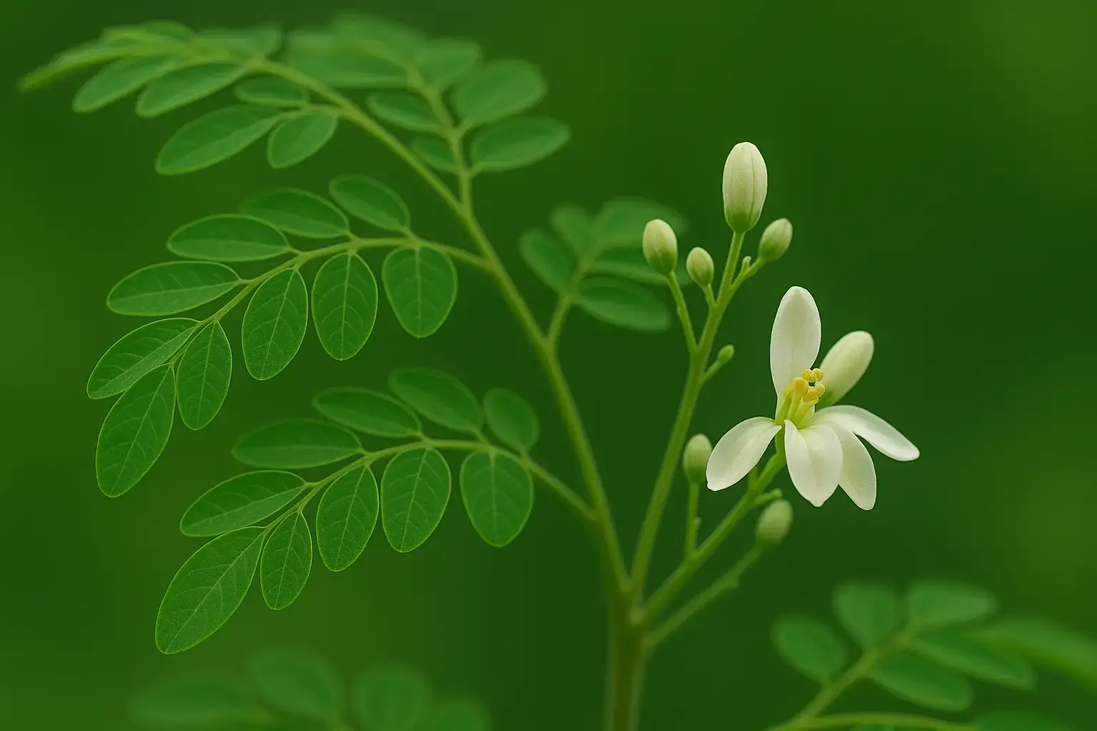 Feuilles et fleurs de moringa (Moringa oleifera) en gros plan dans leur milieu naturel