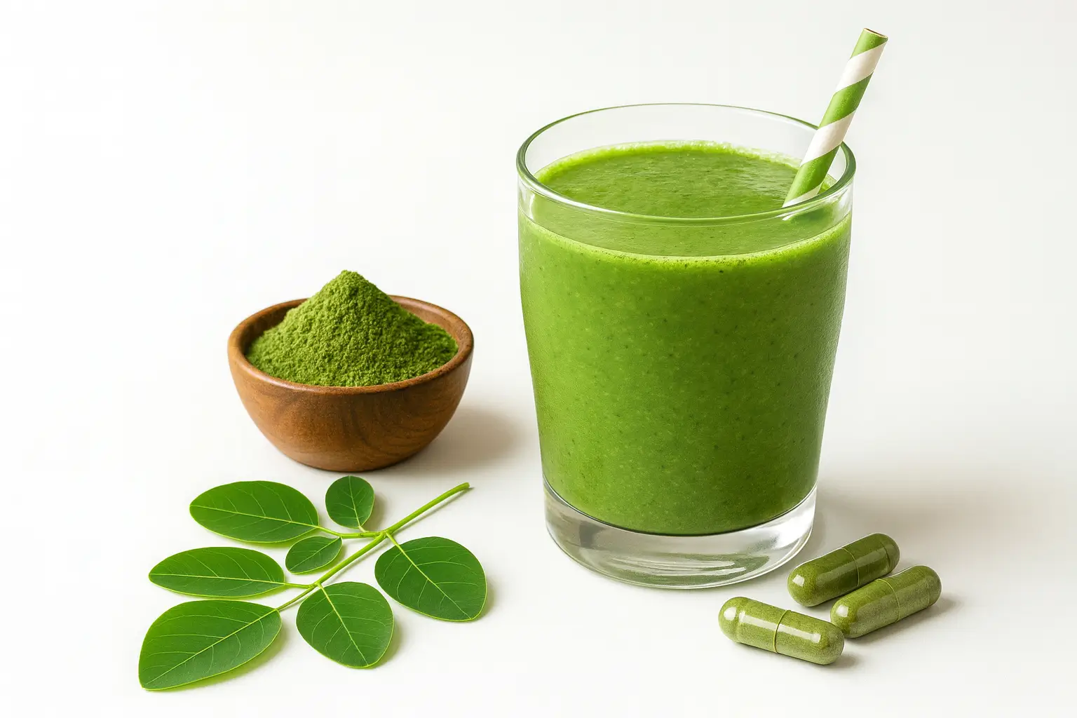 Smoothie vert au moringa avec poudre, feuilles et gélules
