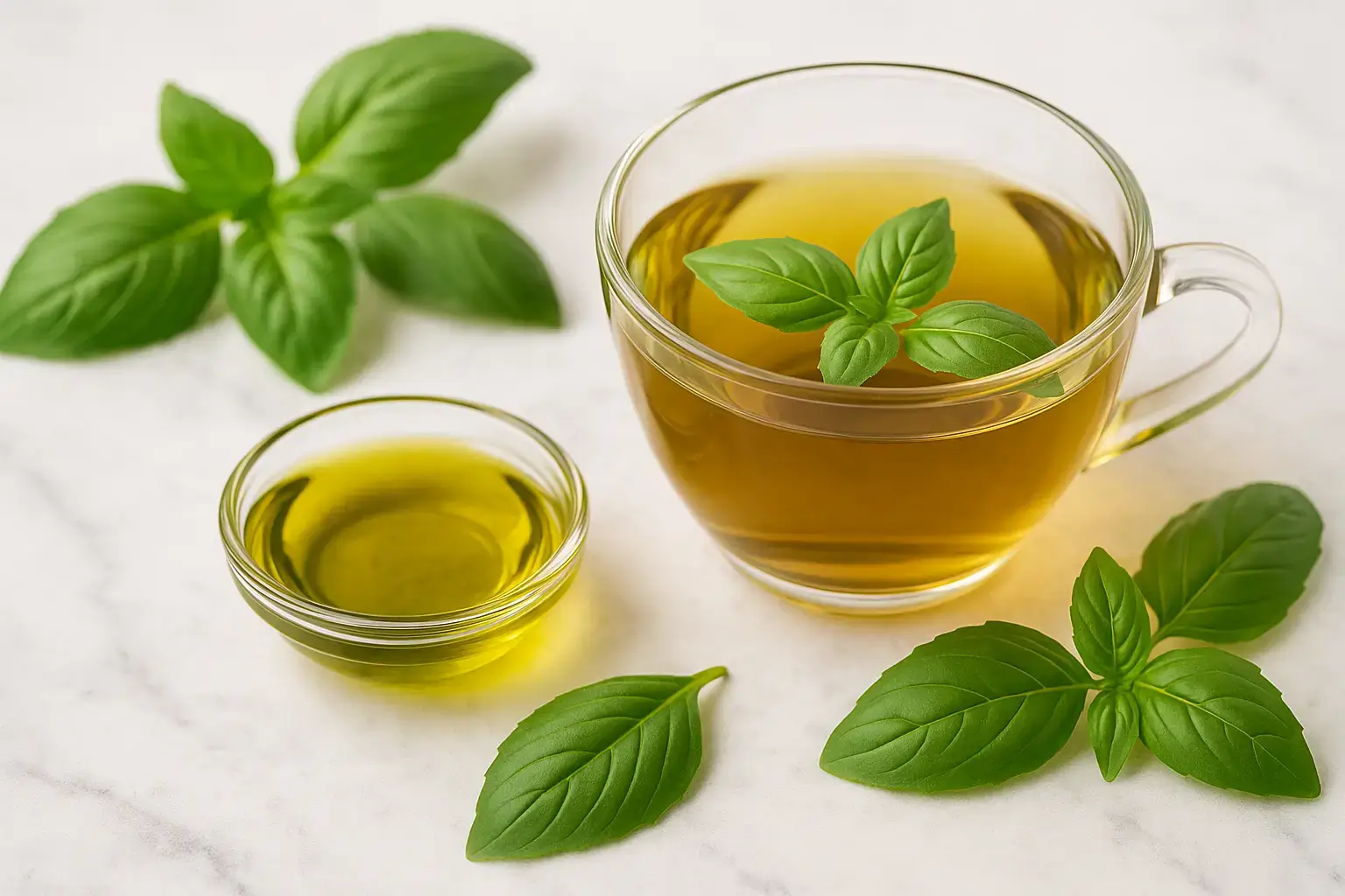 Tisane de basilic et coupelle d’huile infusée, accompagnées de feuilles fraîches de basilic