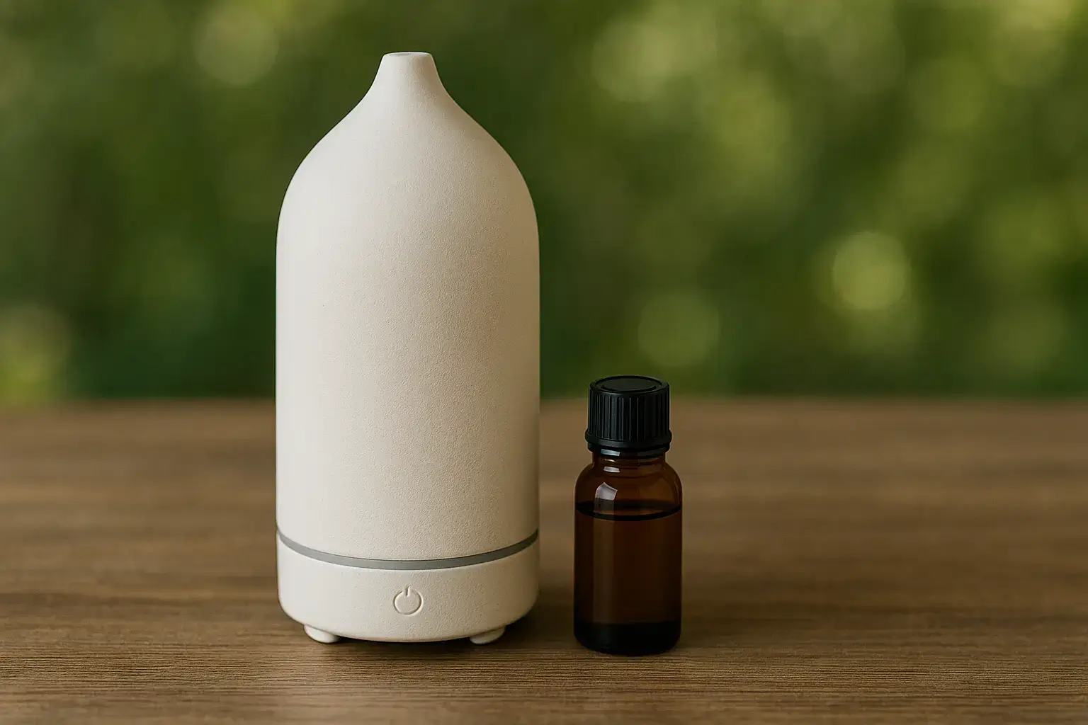 Diffuseur en céramique avec huile essentielle de ravintsara Diffuseur en céramique posé sur une table, prêt à diffuser de l’huile essentielle de ravintsara dans la pièce