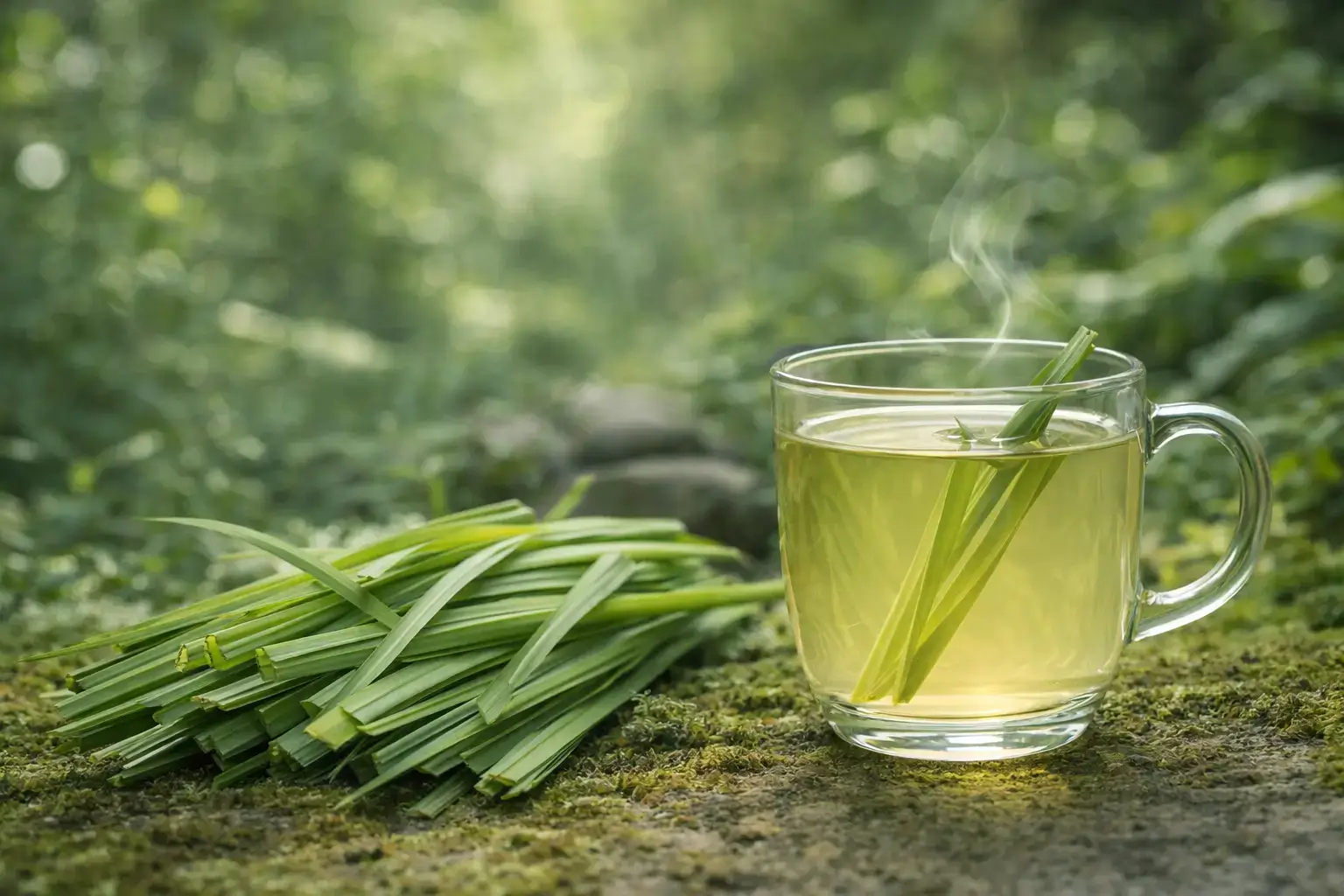 Infusion de citronnelle préparée avec des feuilles fraîches de Cymbopogon citratus dans un cadre naturel