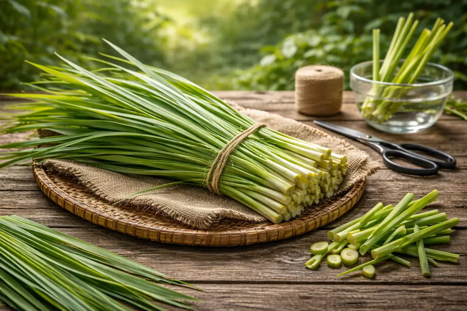 Feuilles fraîches de citronnelle Cymbopogon citratus récoltées et préparées pour l’usage en cuisine ou en infusion