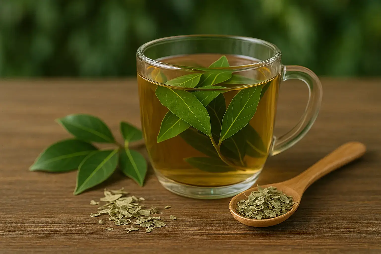 Infusion traditionnelle de ravintsara – boisson chaude aromatique Tasse de boisson chaude à base de ravintsara posée sur une table en bois, avec feuilles aromatiques en arrière-plan