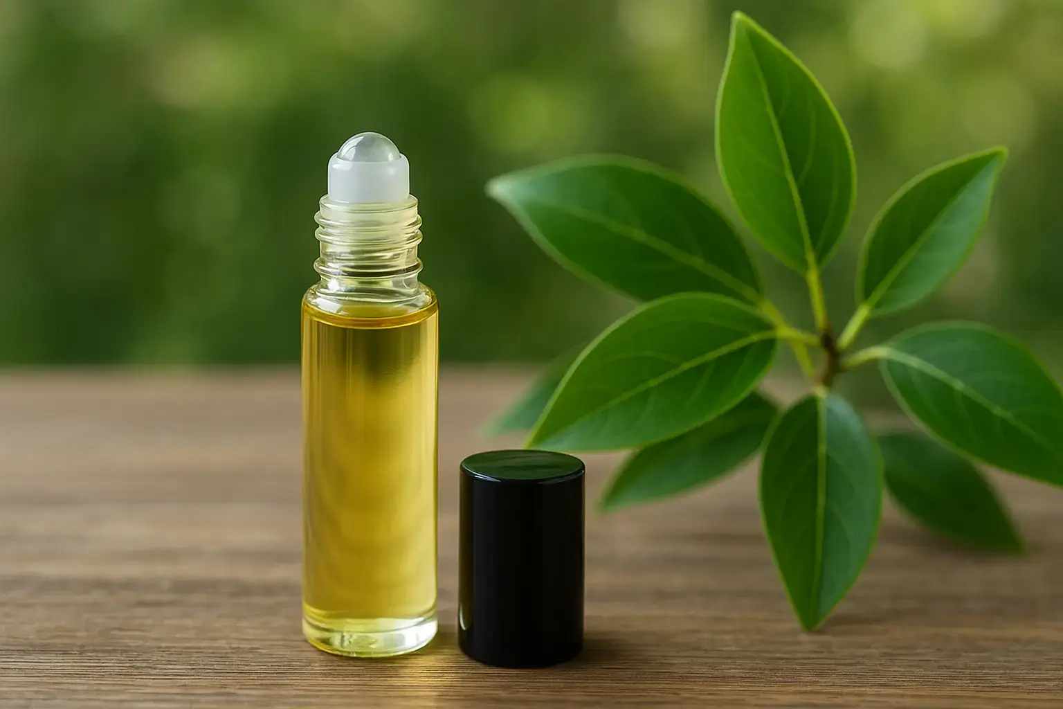 Roll-on d’huile essentielle de ravintsara diluée – usage localisé Flacon roll-on d’huile essentielle de ravintsara diluée posé sur une table en bois, avec quelques feuilles fraîches autour