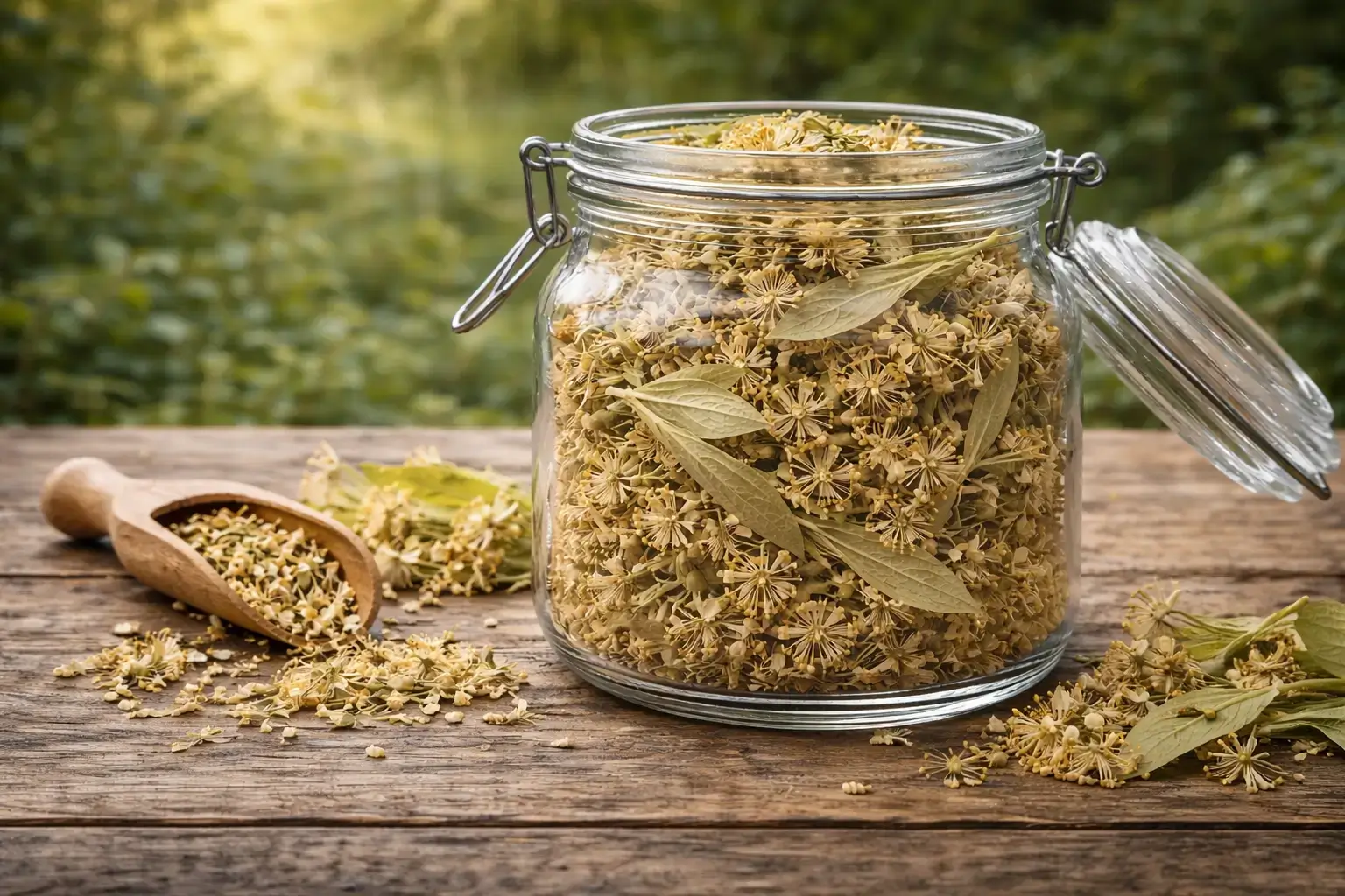 Bocal contenant des fleurs de tilleul séchées utilisées pour la préparation d’infusions traditionnelles