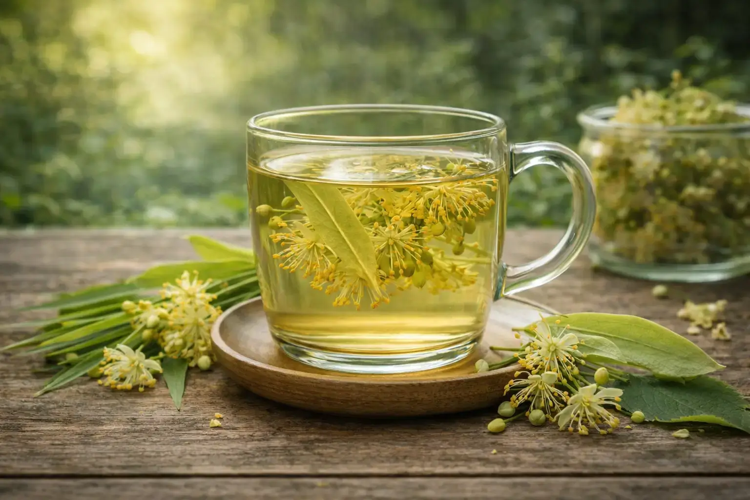 Infusion de tilleul préparée avec des fleurs et bractées de Tilia, boisson chaude dans un cadre naturel apaisant