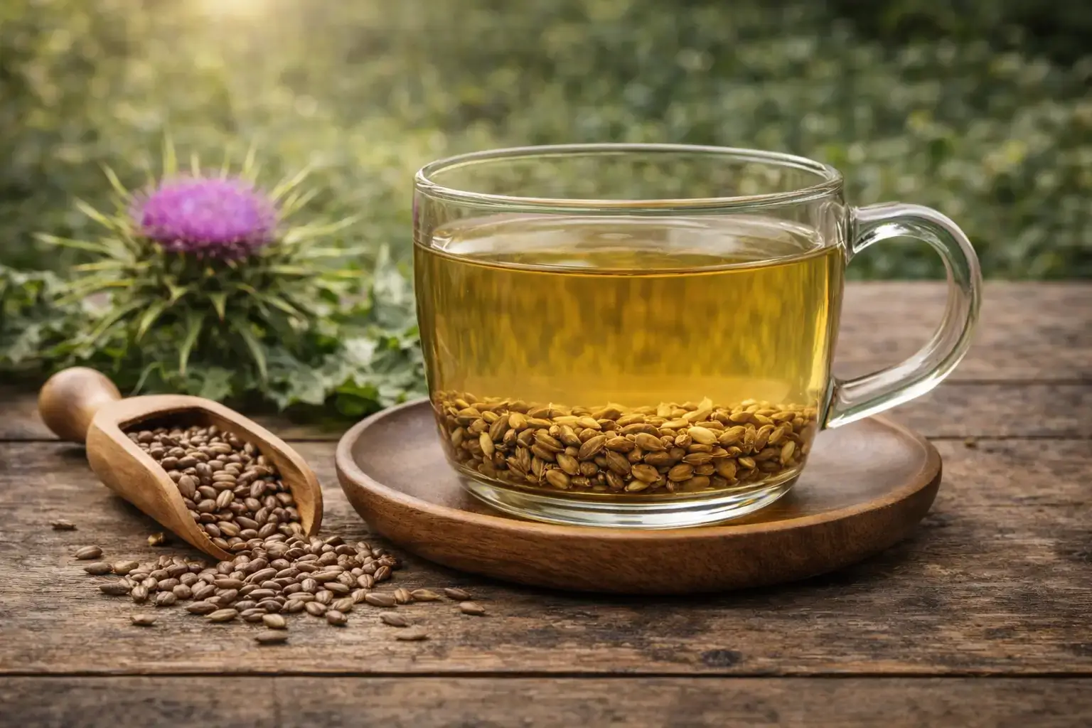 Infusion de Silybum marianum Tasse de tisane de Chardon-Marie avec des graines à côté