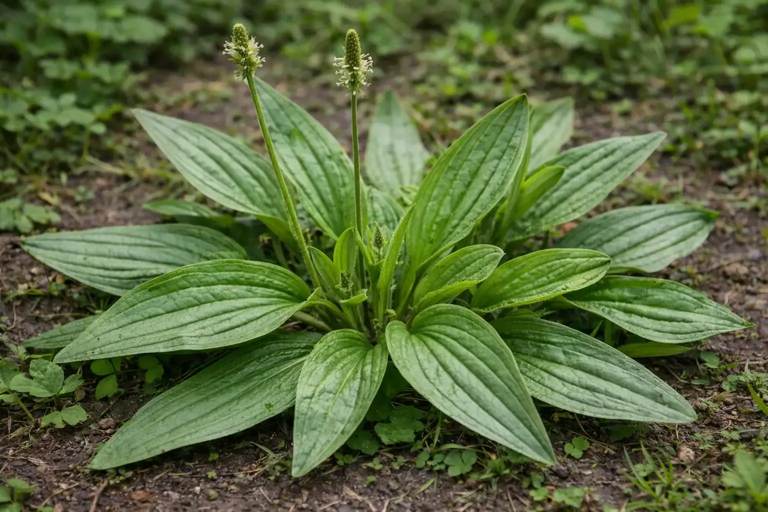 Feuilles de plantain lancéolé (Plantago lanceolata) montrant les nervures parallèles caractéristiques