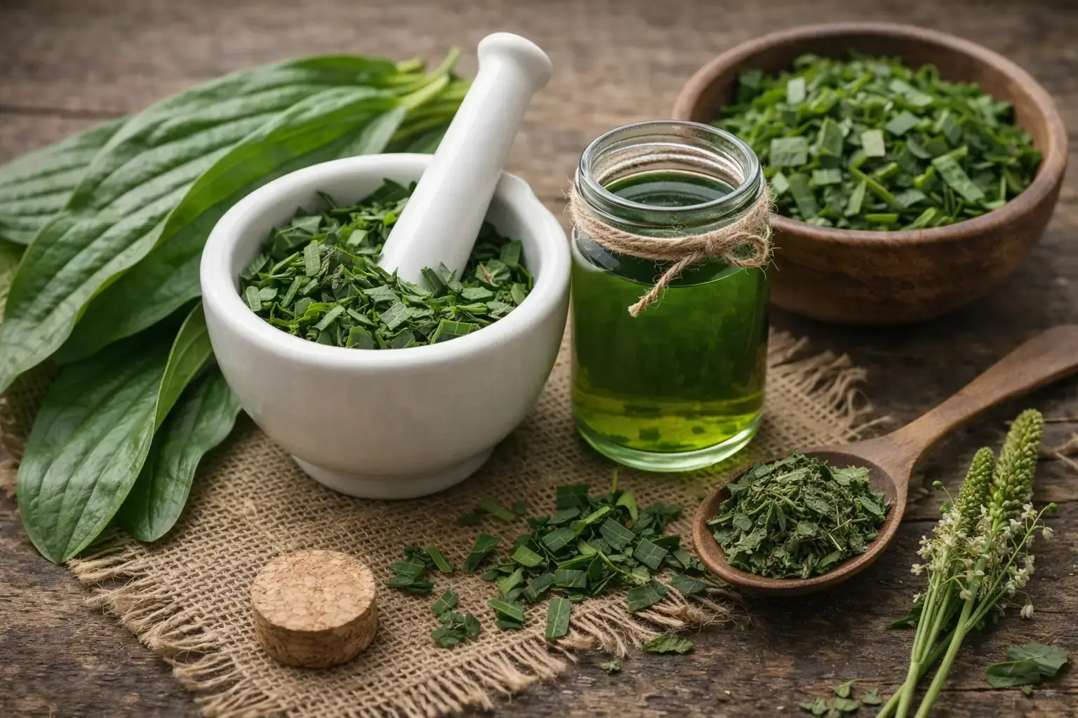 Préparation traditionnelle à base de feuilles de plantain pour infusion ou usage externe